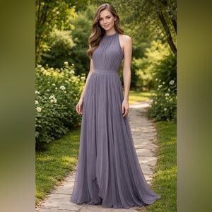 Grey Taupe Silk Pleated Formal Gown Dress Wedding Party Small Long Sz S